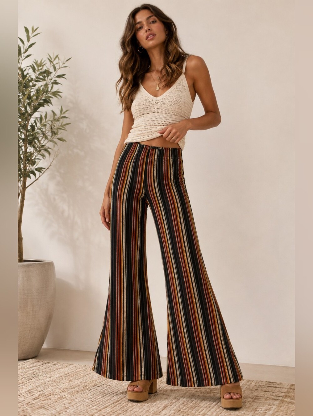 Free People Multicolor Striped Knit Flare Pants Boho 70s Bell Bottom